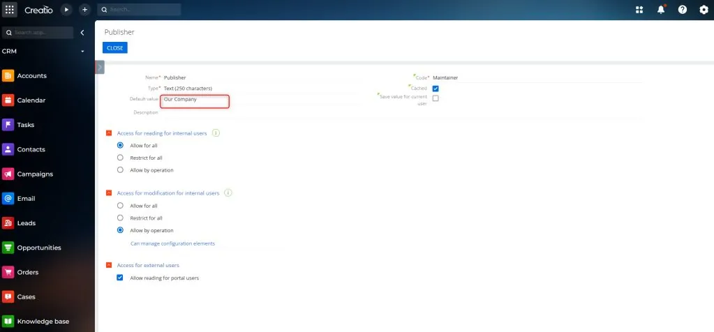 Maintainer system setting Default Value set to Our Company
